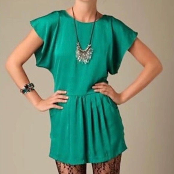 Free People Dresses & Skirts - Free People Emerald Dynasty Mini Dress Flutter Sleeve Open Back Tie NWT